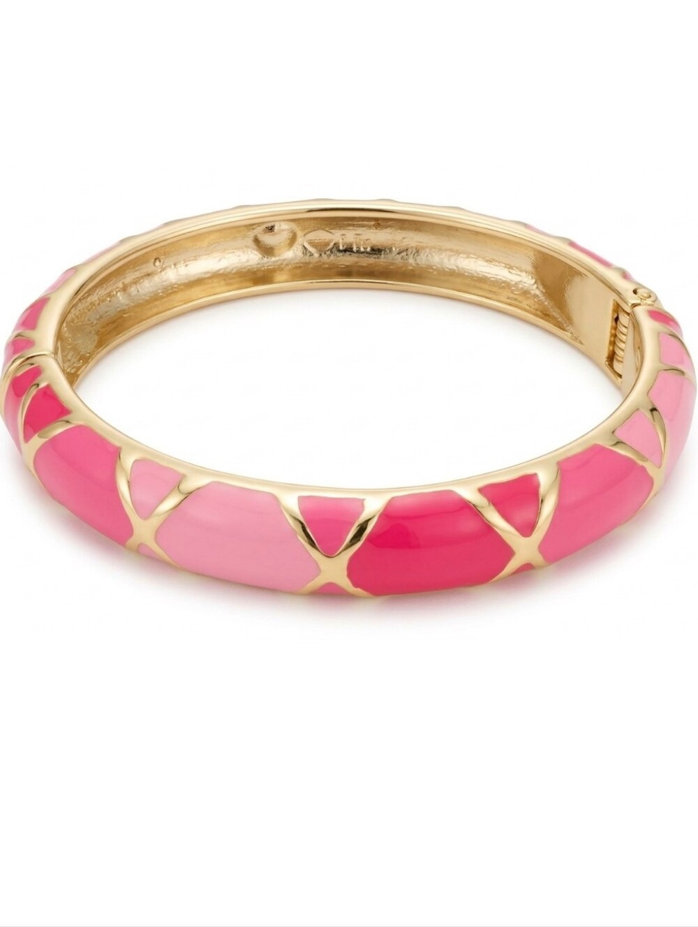 Vtg Talbots Gold-Tone & Pink Enamel Crisscross Pattern Hinged Bangle Bracelet